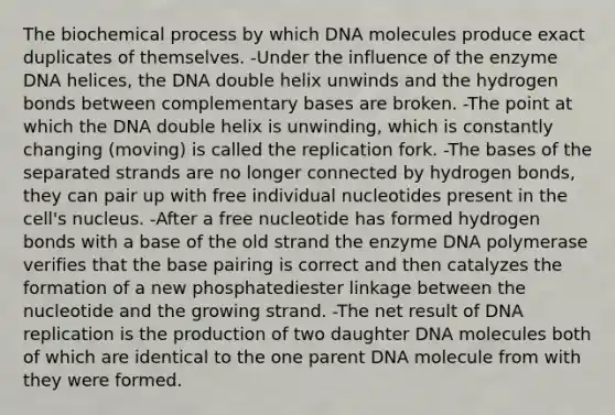 The biochemical process by which DNA molecules produce exact duplicates of themselves. -Under the influence of the enzyme DNA helices, the DNA double helix unwinds and the hydrogen bonds between complementary bases are broken. -The point at which the DNA double helix is unwinding, which is constantly changing (moving) is called the replication fork. -The bases of the separated strands are no longer connected by hydrogen bonds, they can pair up with free individual nucleotides present in the cell's nucleus. -After a free nucleotide has formed hydrogen bonds with a base of the old strand the enzyme DNA polymerase verifies that the base pairing is correct and then catalyzes the formation of a new phosphatediester linkage between the nucleotide and the growing strand. -The net result of DNA replication is the production of two daughter DNA molecules both of which are identical to the one parent DNA molecule from with they were formed.