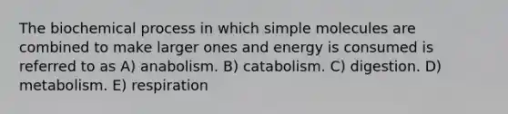 The biochemical process in which simple molecules are combined to make larger ones and energy is consumed is referred to as A) anabolism. B) catabolism. C) digestion. D) metabolism. E) respiration