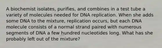 A biochemist isolates, purifies, and combines in a test tube a variety of molecules needed for <a href='https://www.questionai.com/knowledge/kofV2VQU2J-dna-replication' class='anchor-knowledge'>dna replication</a>. When she adds some DNA to the mixture, replication occurs, but each DNA molecule consists of a normal strand paired with numerous segments of DNA a few hundred nucleotides long. What has she probably left out of the mixture?