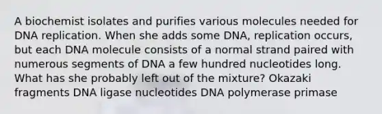 A biochemist isolates and purifies various molecules needed for DNA replication. When she adds some DNA, replication occurs, but each DNA molecule consists of a normal strand paired with numerous segments of DNA a few hundred nucleotides long. What has she probably left out of the mixture? Okazaki fragments DNA ligase nucleotides DNA polymerase primase