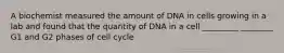 A biochemist measured the amount of DNA in cells growing in a lab and found that the quantity of DNA in a cell _________ ________ G1 and G2 phases of cell cycle