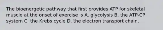 The bioenergetic pathway that first provides ATP for skeletal muscle at the onset of exercise is A. glycolysis B. the ATP-CP system C. the Krebs cycle D. the electron transport chain.