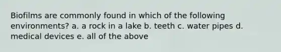 Biofilms are commonly found in which of the following environments? a. a rock in a lake b. teeth c. water pipes d. medical devices e. all of the above