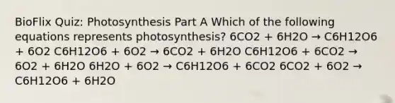 BioFlix Quiz: Photosynthesis Part A Which of the following equations represents photosynthesis? 6CO2 + 6H2O → C6H12O6 + 6O2 C6H12O6 + 6O2 → 6CO2 + 6H2O C6H12O6 + 6CO2 → 6O2 + 6H2O 6H2O + 6O2 → C6H12O6 + 6CO2 6CO2 + 6O2 → C6H12O6 + 6H2O