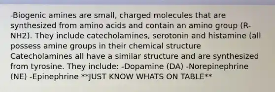 -Biogenic amines are small, charged molecules that are synthesized from amino acids and contain an amino group (R-NH2). They include catecholamines, serotonin and histamine (all possess amine groups in their chemical structure Catecholamines all have a similar structure and are synthesized from tyrosine. They include: -Dopamine (DA) -Norepinephrine (NE) -Epinephrine **JUST KNOW WHATS ON TABLE**