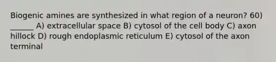 Biogenic amines are synthesized in what region of a neuron? 60) ______ A) extracellular space B) cytosol of the cell body C) axon hillock D) rough endoplasmic reticulum E) cytosol of the axon terminal