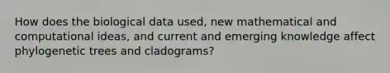 How does the biological data used, new mathematical and computational ideas, and current and emerging knowledge affect phylogenetic trees and cladograms?