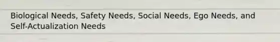 Biological Needs, Safety Needs, Social Needs, Ego Needs, and Self-Actualization Needs