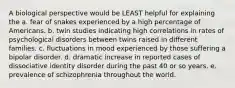 A biological perspective would be LEAST helpful for explaining the a. fear of snakes experienced by a high percentage of Americans. b. twin studies indicating high correlations in rates of psychological disorders between twins raised in different families. c. fluctuations in mood experienced by those suffering a bipolar disorder. d. dramatic increase in reported cases of dissociative identity disorder during the past 40 or so years. e. prevalence of schizophrenia throughout the world.