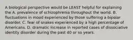 A biological perspective would be LEAST helpful for explaining the A. prevalence of schizophrenia throughout the world. B. fluctuations in mood experienced by those suffering a bipolar disorder. C. fear of snakes experienced by a high percentage of Americans. D. dramatic increase in reported cases of dissociative identity disorder during the past 40 or so years.