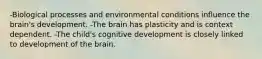 -Biological processes and environmental conditions influence the brain's development. -The brain has plasticity and is context dependent. -The child's cognitive development is closely linked to development of the brain.