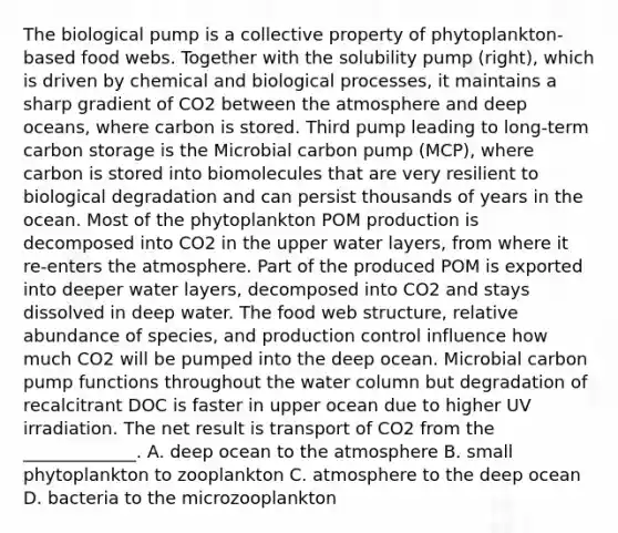 The biological pump is a collective property of phytoplankton-based food webs. Together with the solubility pump (right), which is driven by chemical and biological processes, it maintains a sharp gradient of CO2 between the atmosphere and deep oceans, where carbon is stored. Third pump leading to long-term carbon storage is the Microbial carbon pump (MCP), where carbon is stored into biomolecules that are very resilient to biological degradation and can persist thousands of years in the ocean. Most of the phytoplankton POM production is decomposed into CO2 in the upper water layers, from where it re-enters the atmosphere. Part of the produced POM is exported into deeper water layers, decomposed into CO2 and stays dissolved in deep water. The food web structure, relative abundance of species, and production control influence how much CO2 will be pumped into the deep ocean. Microbial carbon pump functions throughout the water column but degradation of recalcitrant DOC is faster in upper ocean due to higher UV irradiation. The net result is transport of CO2 from the _____________. A. deep ocean to the atmosphere B. small phytoplankton to zooplankton C. atmosphere to the deep ocean D. bacteria to the microzooplankton