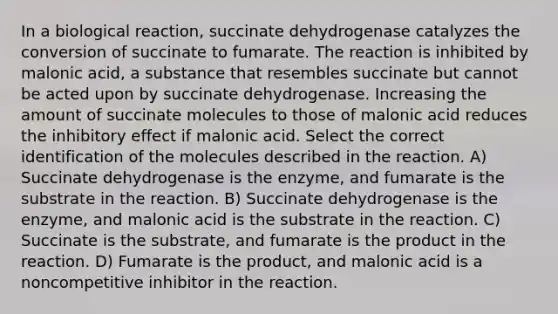 In a biological reaction, succinate dehydrogenase catalyzes the conversion of succinate to fumarate. The reaction is inhibited by malonic acid, a substance that resembles succinate but cannot be acted upon by succinate dehydrogenase. Increasing the amount of succinate molecules to those of malonic acid reduces the inhibitory effect if malonic acid. Select the correct identification of the molecules described in the reaction. A) Succinate dehydrogenase is the enzyme, and fumarate is the substrate in the reaction. B) Succinate dehydrogenase is the enzyme, and malonic acid is the substrate in the reaction. C) Succinate is the substrate, and fumarate is the product in the reaction. D) Fumarate is the product, and malonic acid is a noncompetitive inhibitor in the reaction.