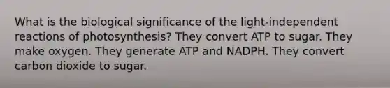 What is the biological significance of the light-independent reactions of photosynthesis? They convert ATP to sugar. They make oxygen. They generate ATP and NADPH. They convert carbon dioxide to sugar.