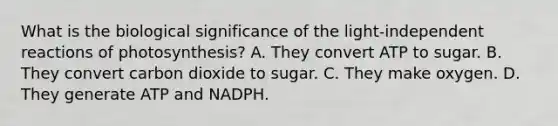 What is the biological significance of the light-independent reactions of photosynthesis? A. They convert ATP to sugar. B. They convert carbon dioxide to sugar. C. They make oxygen. D. They generate ATP and NADPH.