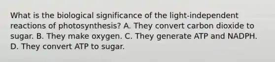 What is the biological significance of the light-independent reactions of photosynthesis? A. They convert carbon dioxide to sugar. B. They make oxygen. C. They generate ATP and NADPH. D. They convert ATP to sugar.