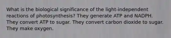 What is the biological significance of the light-independent reactions of photosynthesis? They generate ATP and NADPH. They convert ATP to sugar. They convert carbon dioxide to sugar. They make oxygen.