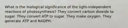 What is the biological significance of the light-independent reactions of photosynthesis? They convert carbon dioxide to sugar. They convert ATP to sugar. They make oxygen. They generate ATP and NADPH.