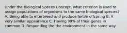 Under the Biological Speces Concept, what criterion is used to assign populations of organisms to the same biological species? A. Being able to interbreed and produce fertile offspring B. A very similar appearance C. Having 99% of their genes in common D. Responding the the environment in the same way