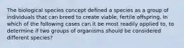 The biological species concept defined a species as a group of individuals that can breed to create viable, fertile offspring. In which of the following cases can it be most readily applied to, to determine if two groups of organisms should be considered different species?