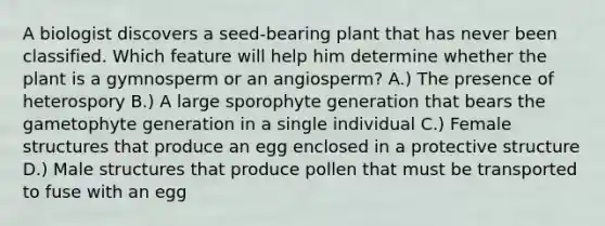 A biologist discovers a seed-bearing plant that has never been classified. Which feature will help him determine whether the plant is a gymnosperm or an angiosperm? A.) The presence of heterospory B.) A large sporophyte generation that bears the gametophyte generation in a single individual C.) Female structures that produce an egg enclosed in a protective structure D.) Male structures that produce pollen that must be transported to fuse with an egg