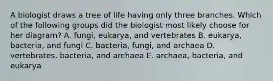 A biologist draws a tree of life having only three branches. Which of the following groups did the biologist most likely choose for her diagram? A. fungi, eukarya, and vertebrates B. eukarya, bacteria, and fungi C. bacteria, fungi, and archaea D. vertebrates, bacteria, and archaea E. archaea, bacteria, and eukarya