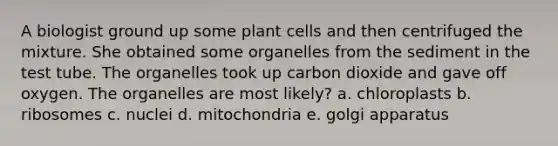 A biologist ground up some plant cells and then centrifuged the mixture. She obtained some organelles from the sediment in the test tube. The organelles took up carbon dioxide and gave off oxygen. The organelles are most likely? a. chloroplasts b. ribosomes c. nuclei d. mitochondria e. golgi apparatus