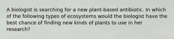 A biologist is searching for a new plant-based antibiotic. In which of the following types of ecosystems would the biologist have the best chance of finding new kinds of plants to use in her research?