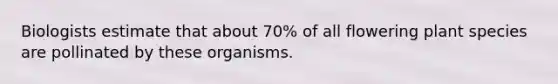Biologists estimate that about 70% of all flowering plant species are pollinated by these organisms.