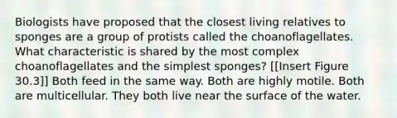 Biologists have proposed that the closest living relatives to sponges are a group of protists called the choanoflagellates. What characteristic is shared by the most complex choanoflagellates and the simplest sponges? [[Insert Figure 30.3]] Both feed in the same way. Both are highly motile. Both are multicellular. They both live near the surface of the water.