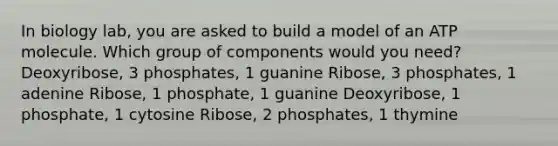 In biology lab, you are asked to build a model of an ATP molecule. Which group of components would you need? Deoxyribose, 3 phosphates, 1 guanine Ribose, 3 phosphates, 1 adenine Ribose, 1 phosphate, 1 guanine Deoxyribose, 1 phosphate, 1 cytosine Ribose, 2 phosphates, 1 thymine