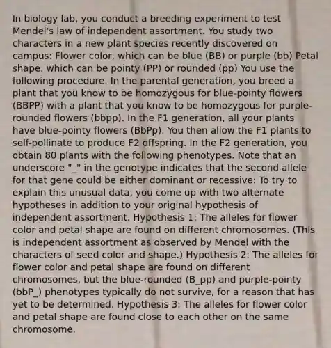 In biology lab, you conduct a breeding experiment to test Mendel's law of independent assortment. You study two characters in a new plant species recently discovered on campus: Flower color, which can be blue (BB) or purple (bb) Petal shape, which can be pointy (PP) or rounded (pp) You use the following procedure. In the parental generation, you breed a plant that you know to be homozygous for blue-pointy flowers (BBPP) with a plant that you know to be homozygous for purple-rounded flowers (bbpp). In the F1 generation, all your plants have blue-pointy flowers (BbPp). You then allow the F1 plants to self-pollinate to produce F2 offspring. In the F2 generation, you obtain 80 plants with the following phenotypes. Note that an underscore "_" in the genotype indicates that the second allele for that gene could be either dominant or recessive: To try to explain this unusual data, you come up with two alternate hypotheses in addition to your original hypothesis of independent assortment. Hypothesis 1: The alleles for flower color and petal shape are found on different chromosomes. (This is independent assortment as observed by Mendel with the characters of seed color and shape.) Hypothesis 2: The alleles for flower color and petal shape are found on different chromosomes, but the blue-rounded (B_pp) and purple-pointy (bbP_) phenotypes typically do not survive, for a reason that has yet to be determined. Hypothesis 3: The alleles for flower color and petal shape are found close to each other on the same chromosome.