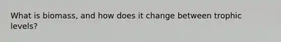 What is biomass, and how does it change between trophic levels?