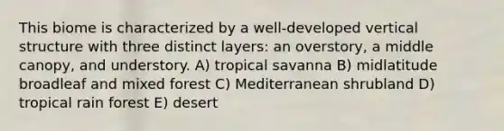 This biome is characterized by a well-developed vertical structure with three distinct layers: an overstory, a middle canopy, and understory. A) tropical savanna B) midlatitude broadleaf and mixed forest C) Mediterranean shrubland D) tropical rain forest E) desert