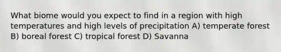 What biome would you expect to find in a region with high temperatures and high levels of precipitation A) temperate forest B) boreal forest C) tropical forest D) Savanna