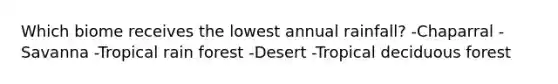 Which biome receives the lowest annual rainfall? -Chaparral -Savanna -Tropical rain forest -Desert -Tropical deciduous forest