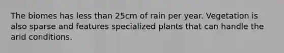 The biomes has less than 25cm of rain per year. Vegetation is also sparse and features specialized plants that can handle the arid conditions.