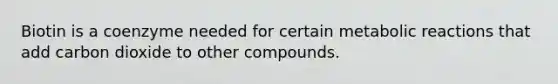 Biotin is a coenzyme needed for certain metabolic reactions that add carbon dioxide to other compounds.