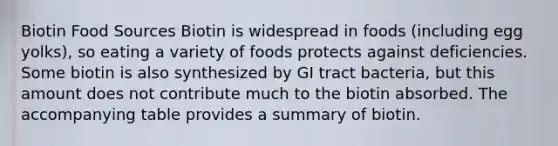 Biotin Food Sources Biotin is widespread in foods (including egg yolks), so eating a variety of foods protects against deficiencies. Some biotin is also synthesized by GI tract bacteria, but this amount does not contribute much to the biotin absorbed. The accompanying table provides a summary of biotin.