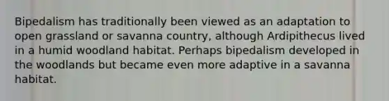 Bipedalism has traditionally been viewed as an adaptation to open grassland or savanna country, although Ardipithecus lived in a humid woodland habitat. Perhaps bipedalism developed in the woodlands but became even more adaptive in a savanna habitat.