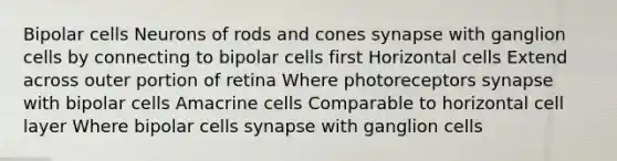 Bipolar cells Neurons of rods and cones synapse with ganglion cells by connecting to bipolar cells first Horizontal cells Extend across outer portion of retina Where photoreceptors synapse with bipolar cells Amacrine cells Comparable to horizontal cell layer Where bipolar cells synapse with ganglion cells