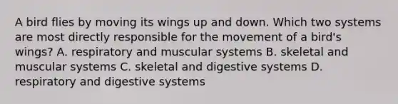 A bird flies by moving its wings up and down. Which two systems are most directly responsible for the movement of a bird's wings? A. respiratory and muscular systems B. skeletal and muscular systems C. skeletal and digestive systems D. respiratory and digestive systems