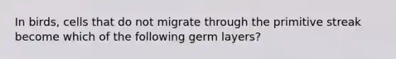 In birds, cells that do not migrate through the primitive streak become which of the following germ layers?