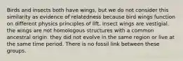 Birds and insects both have wings, but we do not consider this similarity as evidence of relatedness because bird wings function on different physics principles of lift. insect wings are vestigial. the wings are not homologous structures with a common ancestral origin. they did not evolve in the same region or live at the same time period. There is no fossil link between these groups.