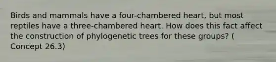 Birds and mammals have a four-chambered heart, but most reptiles have a three-chambered heart. How does this fact affect the construction of phylogenetic trees for these groups? ( Concept 26.3)