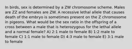 In birds, sex is determined by a ZW chromosome scheme. Males are ZZ and females are ZW. A recessive lethal allele that causes death of the embryo is sometimes present on the Z chromosome in pigeons. What would be the sex ratio in the offspring of a cross between a male that is heterozygous for the lethal allele and a normal female? A) 2:1 male to female B) 1:2 male to female C) 1:1 male to female D) 4:3 male to female E) 3:1 male to female