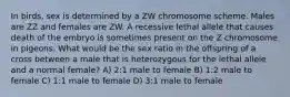 In birds, sex is determined by a ZW chromosome scheme. Males are ZZ and females are ZW. A recessive lethal allele that causes death of the embryo is sometimes present on the Z chromosome in pigeons. What would be the sex ratio in the offspring of a cross between a male that is heterozygous for the lethal allele and a normal female? A) 2:1 male to female B) 1:2 male to female C) 1:1 male to female D) 3:1 male to female