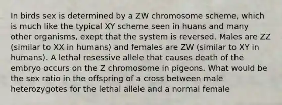 In birds sex is determined by a ZW chromosome scheme, which is much like the typical XY scheme seen in huans and many other organisms, exept that the system is reversed. Males are ZZ (similar to XX in humans) and females are ZW (similar to XY in humans). A lethal resessive allele that causes death of the embryo occurs on the Z chromosome in pigeons. What would be the sex ratio in the offspring of a cross between male heterozygotes for the lethal allele and a normal female