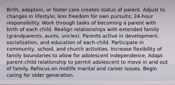 Birth, adoption, or foster care creates status of parent. Adjust to changes in lifestyle; less freedom for own pursuits; 24-hour responsibility. Work through tasks of becoming a parent with birth of each child. Realign relationships with extended family (grandparents, aunts, uncles). Parents active in development, socialization, and education of each child. Participate in community, school, and church activities. Increase flexibility of family boundaries to allow for adolescent independence. Adapt parent-child relationship to permit adolescent to move in and out of family. Refocus on midlife marital and career issues. Begin caring for older generation.