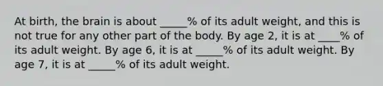 At birth, the brain is about _____% of its adult weight, and this is not true for any other part of the body. By age 2, it is at ____% of its adult weight. By age 6, it is at _____% of its adult weight. By age 7, it is at _____% of its adult weight.